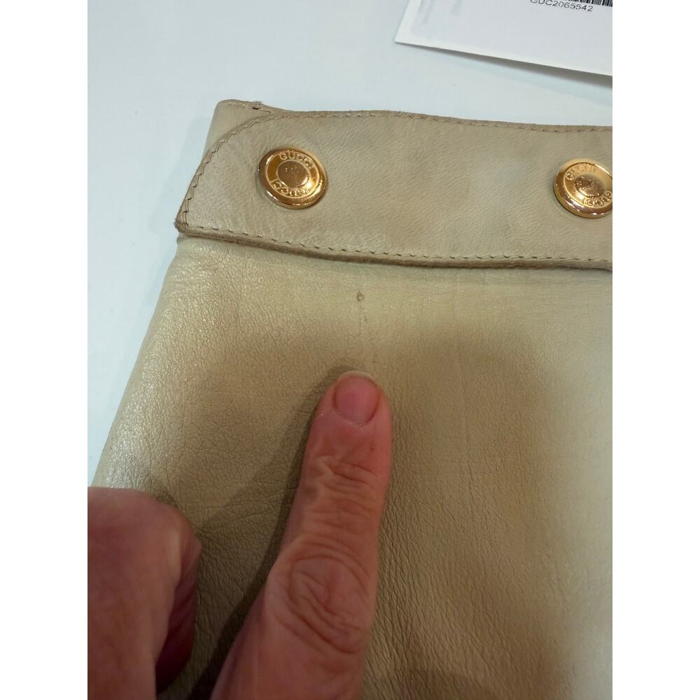 Vtg Gucci Leather Mini A Line Skirt Sz 2 4 Tan Beige Designer Gold Snap Front - Picture 9 of 11
